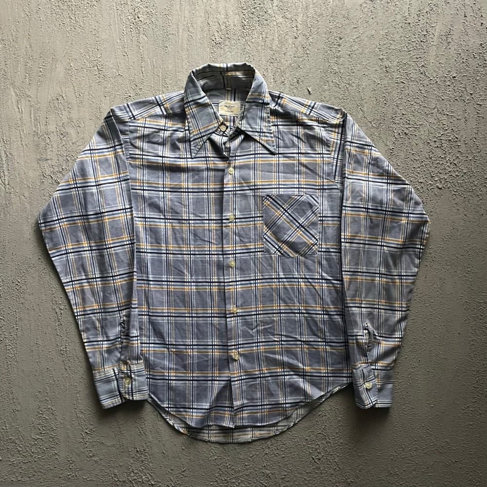 Vintage Plaid Button Down Shirt Mens Medium Blue 70s Fruit of the Loom